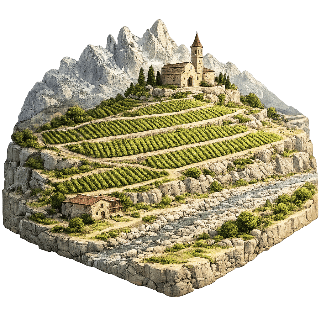 Artistic illustration of the Friuli-Venezia Giulia wine region.