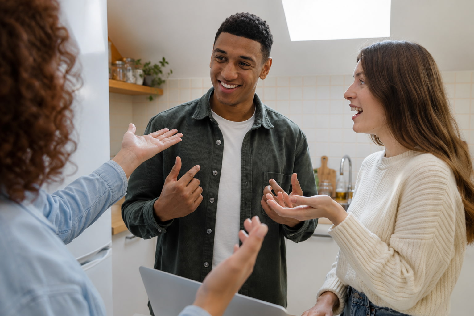 Group conversation showing interpersonal skills through active listening and social interaction