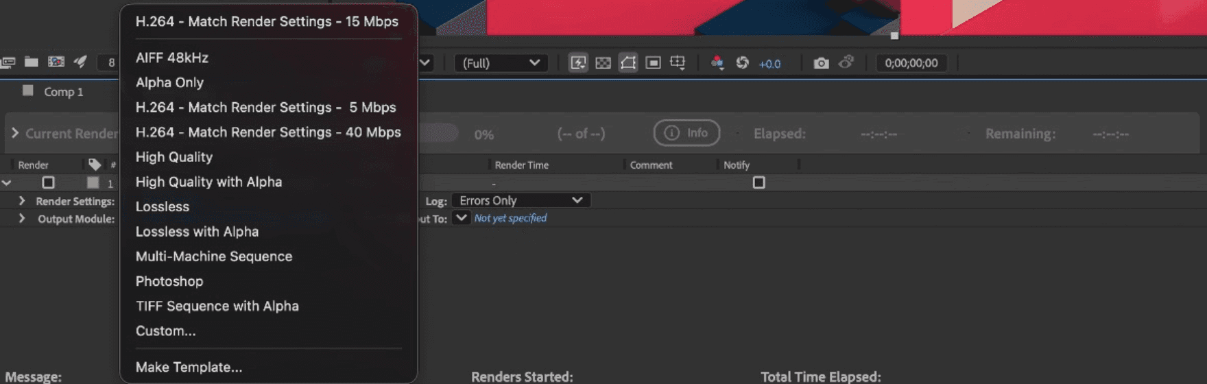 After Effects Output Module menu displaying H.264 presets and other export formats.