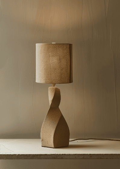 A modern table lamp with a beige, textured shade and an abstract, twisted stone base. The lamp sits on a light-colored surface against a neutral wall.