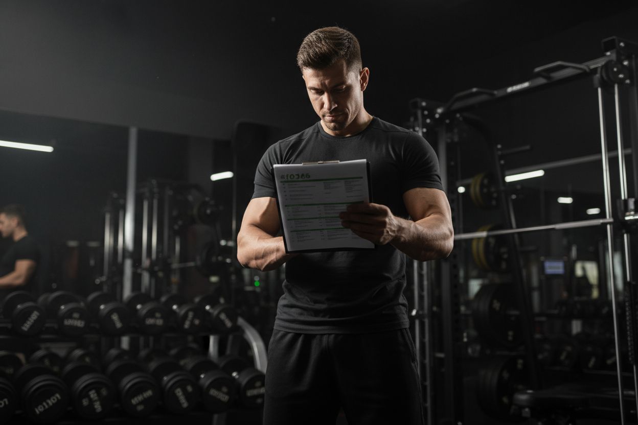 Man reviewing workout plan at the gym