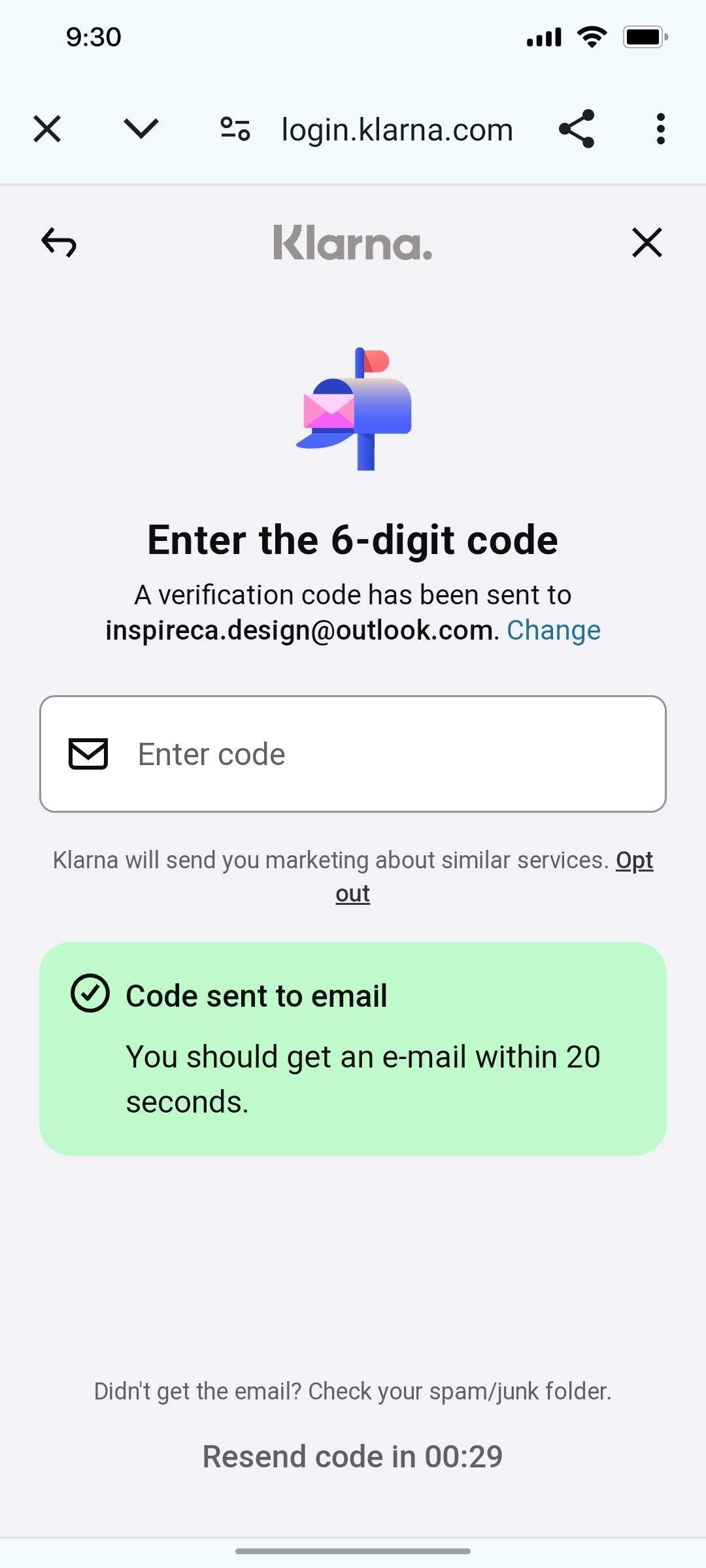 Klarna Send Code To Email Screen