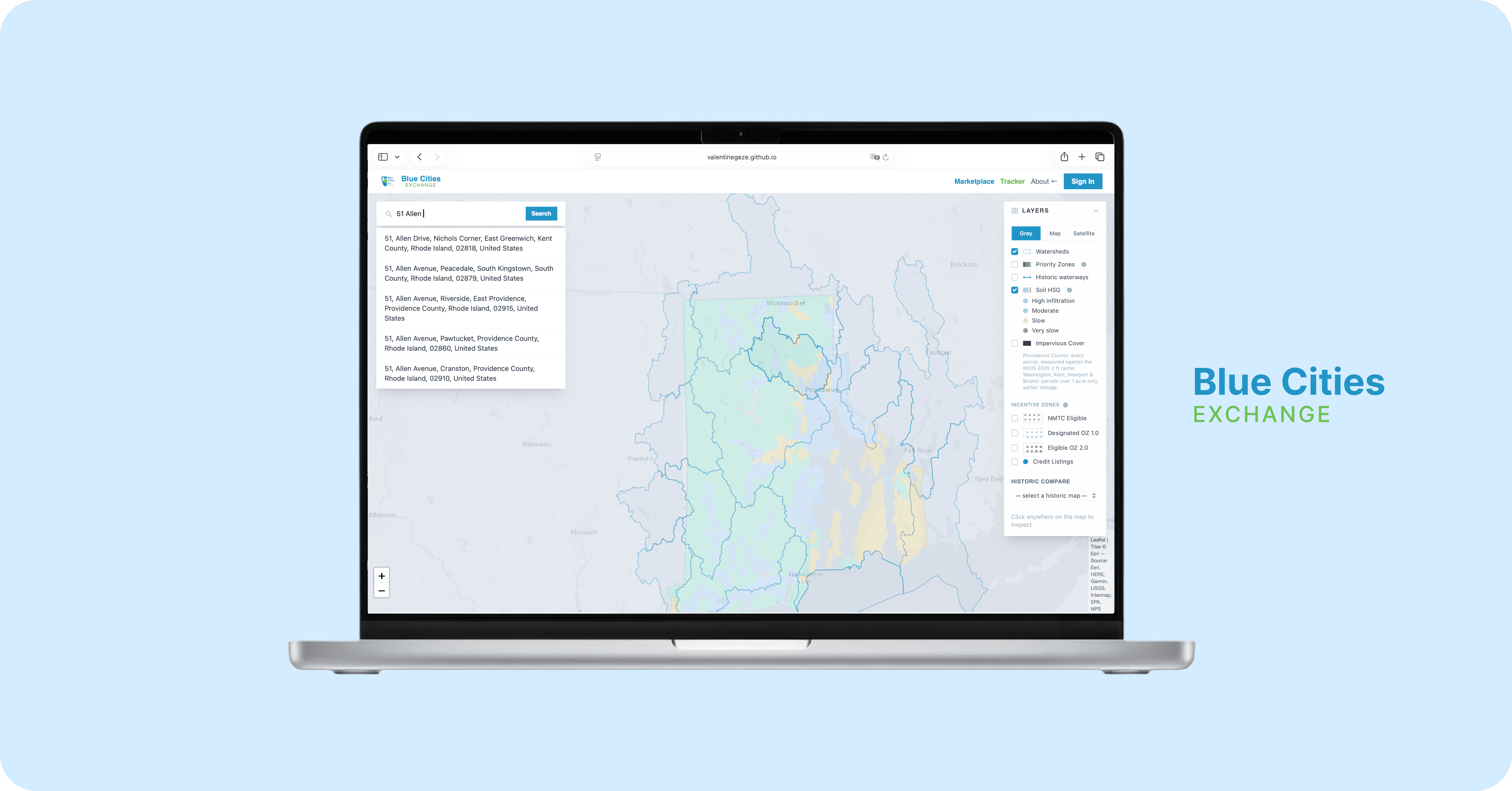Blue Cities Exchange credit trading platform on a laptop