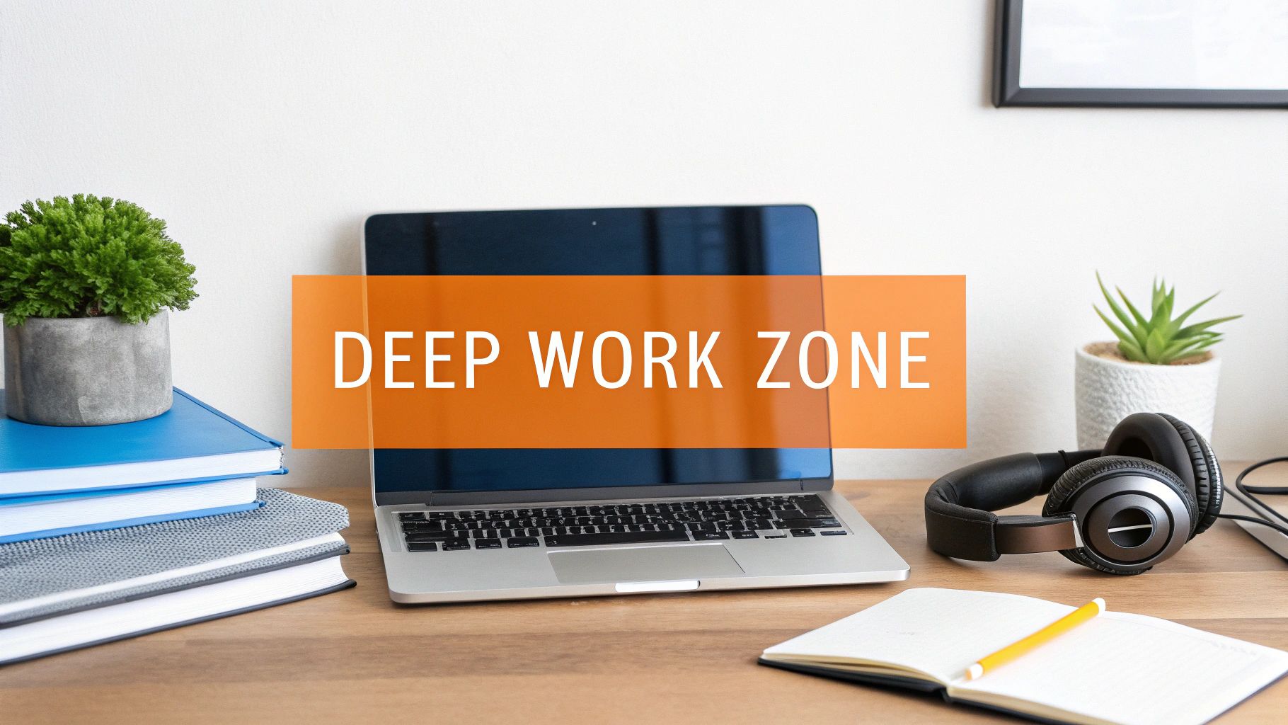 A clean, organized desk with noise-canceling headphones, ready for deep work.