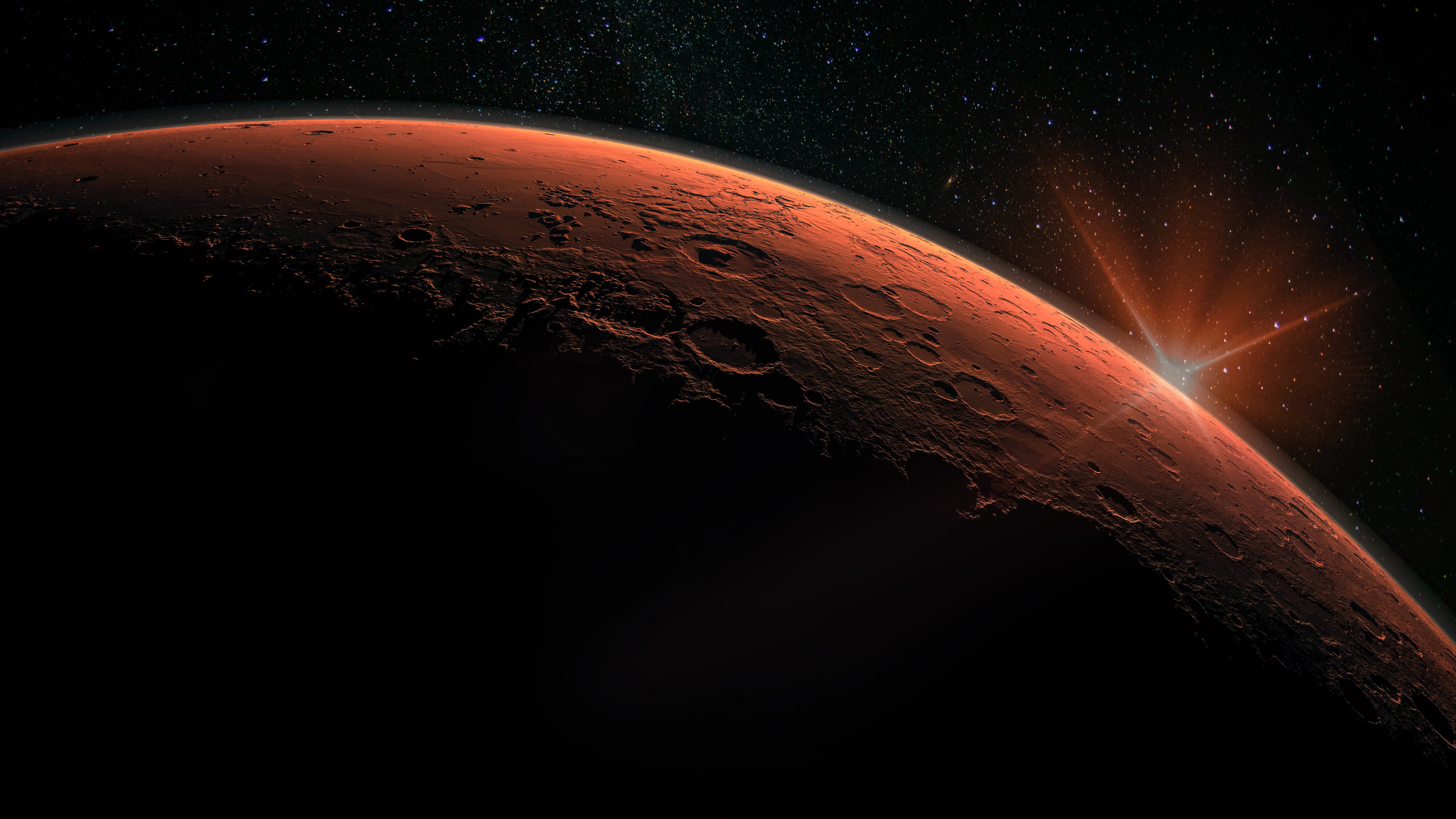 A stunning view of Mars' horizon showcases the planet's rugged terrain and craters, illuminated by a brilliant sunrise against a backdrop of deep space stars.
