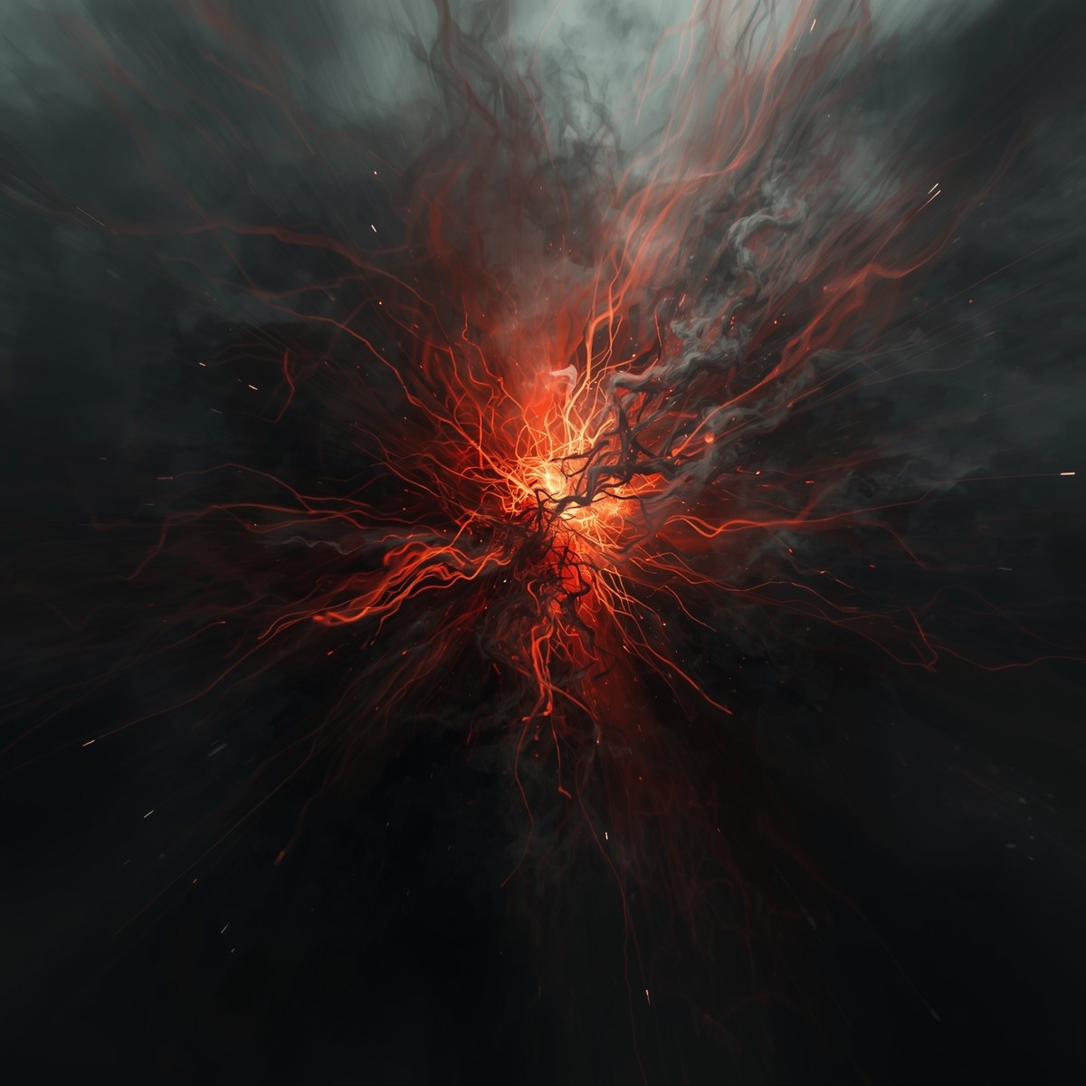 Abstract visualization of intense anxiety before a presentation, with chaotic red and orange lines representing mental pressure and fear.