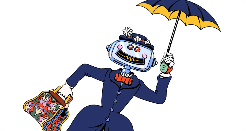 A whimsical, cartoon-like character wearing a blue suit and holding a colorful umbrella, with a robotic or mechanical appearance and a wide, toothy grin, creating a playful and imaginative visual.