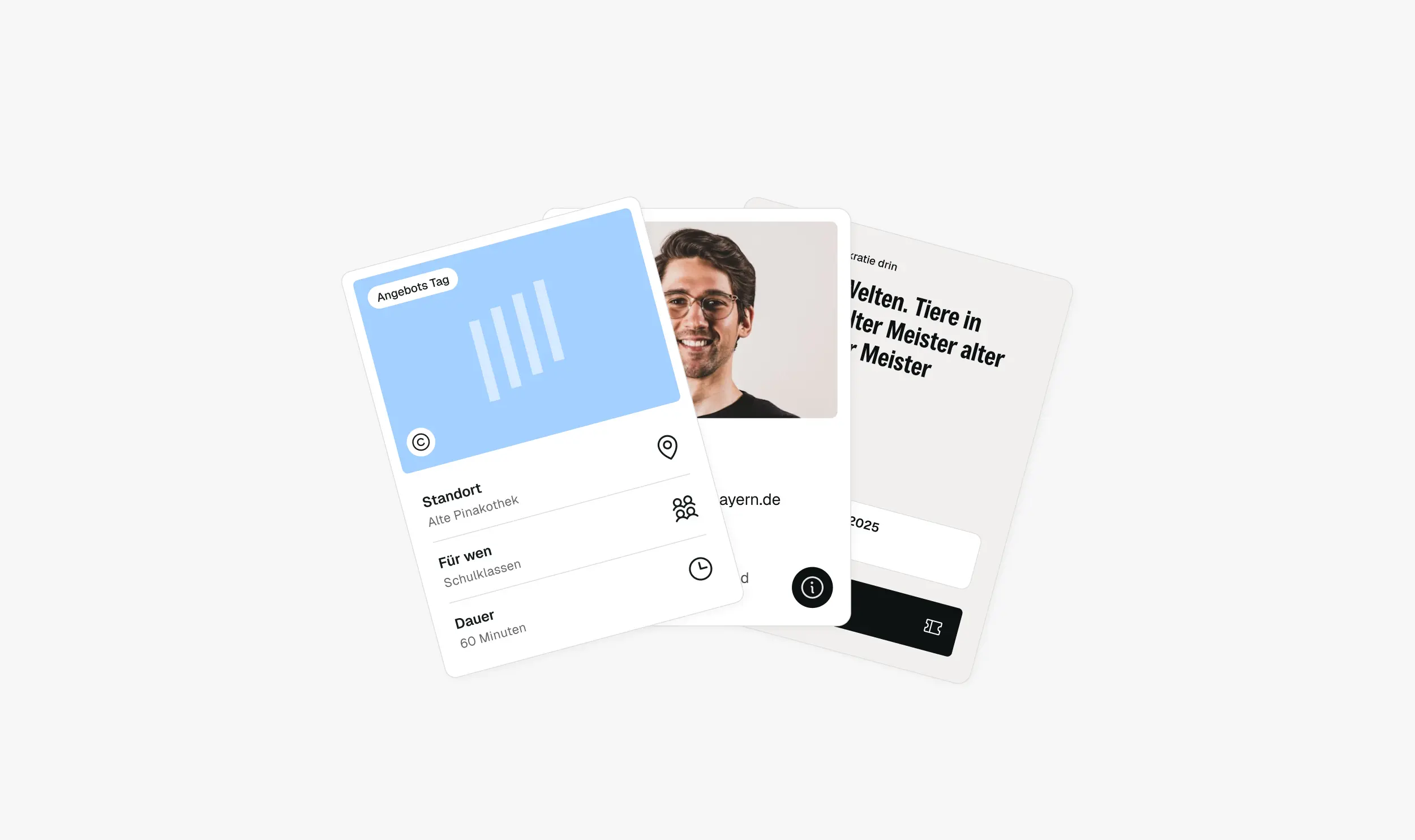 Überlappende UI-Karten zu MPZ-Angeboten, Kontakt und Terminwahl