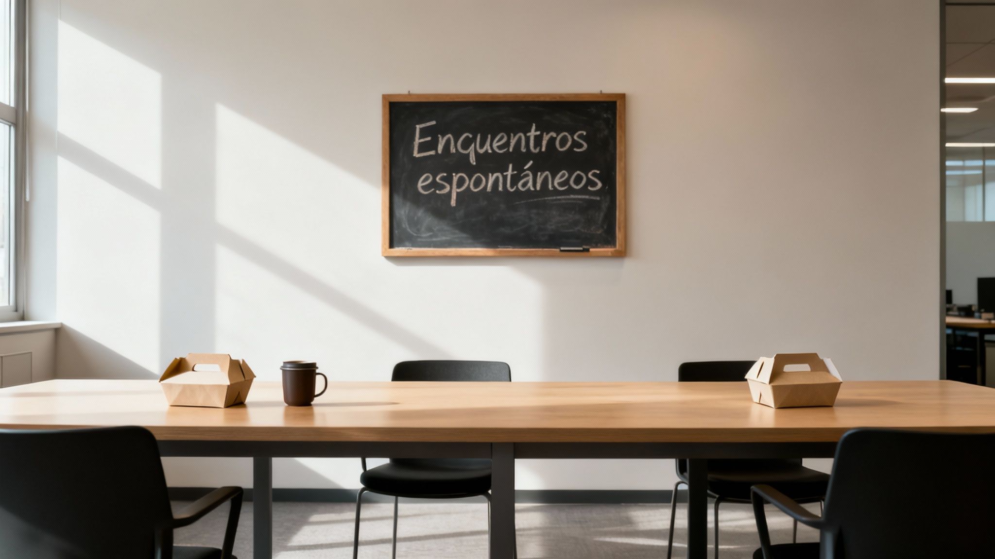 Una sala de reuniones de oficina moderna con una mesa de madera, sillas y una pizarra que dice 'Encuentros espontáneos', ilustrando una de las desventajas del teletrabajo al perderse estas interacciones.