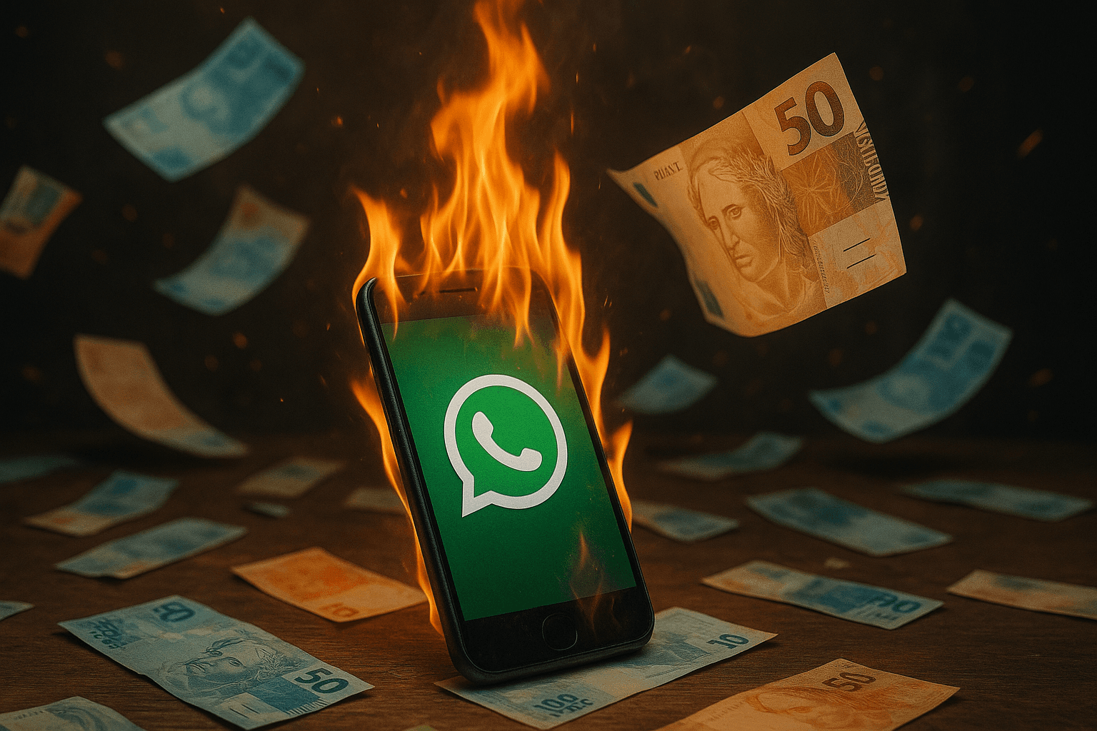 Smartphone com tela do WhatsApp em chamas enquanto notas de reais voam ao redor, representando perdas de vendas causadas por um atendimento desorganizado no WhatsApp.