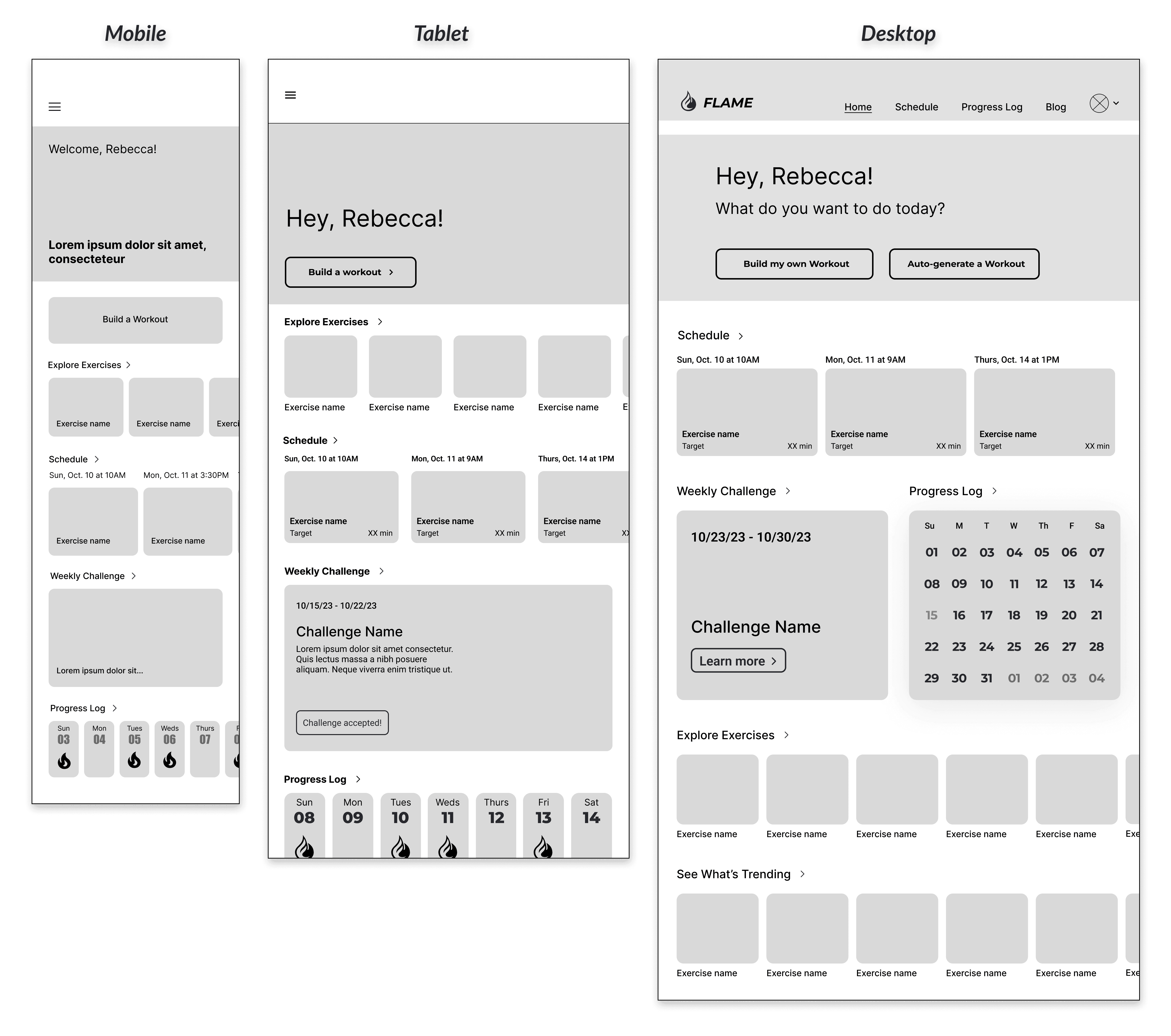 3 mid-fidelity wireframes of mobile, tablet, and desktop
