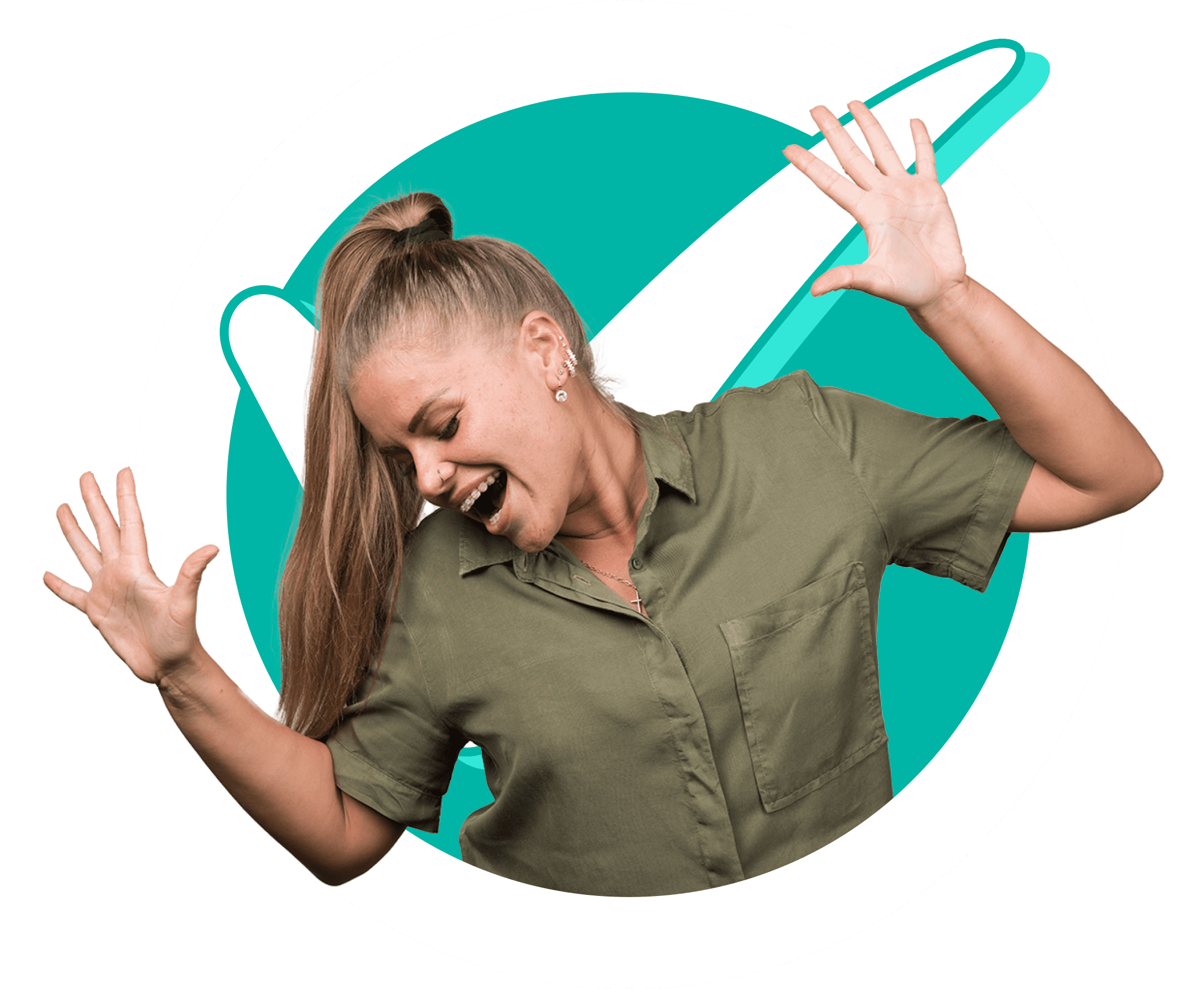 Bookkeeping customer with a tick behind them showing a happy face while dancing on colourful circle background.