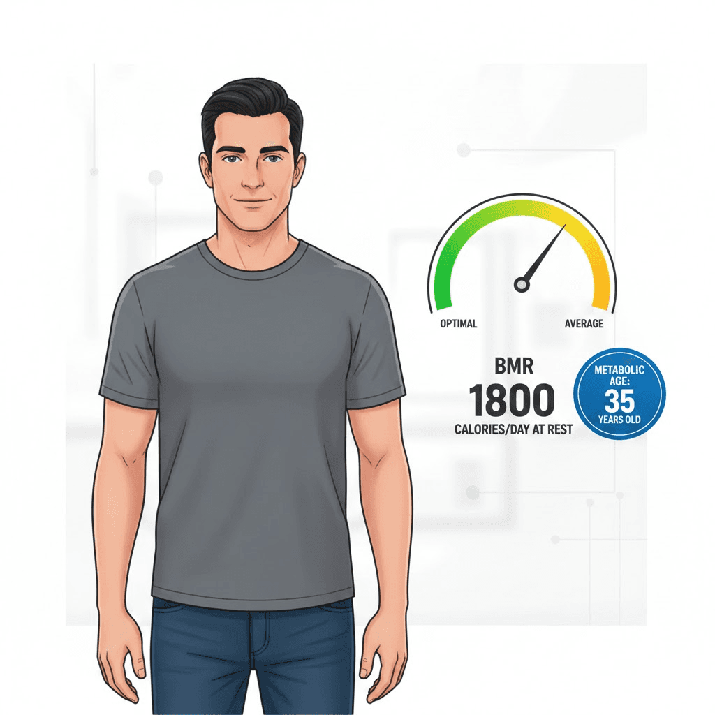 Infographic of male metabolic health data displaying 1800 BMR and 35-year-old metabolic age with a needle gauge indicating average health status.
