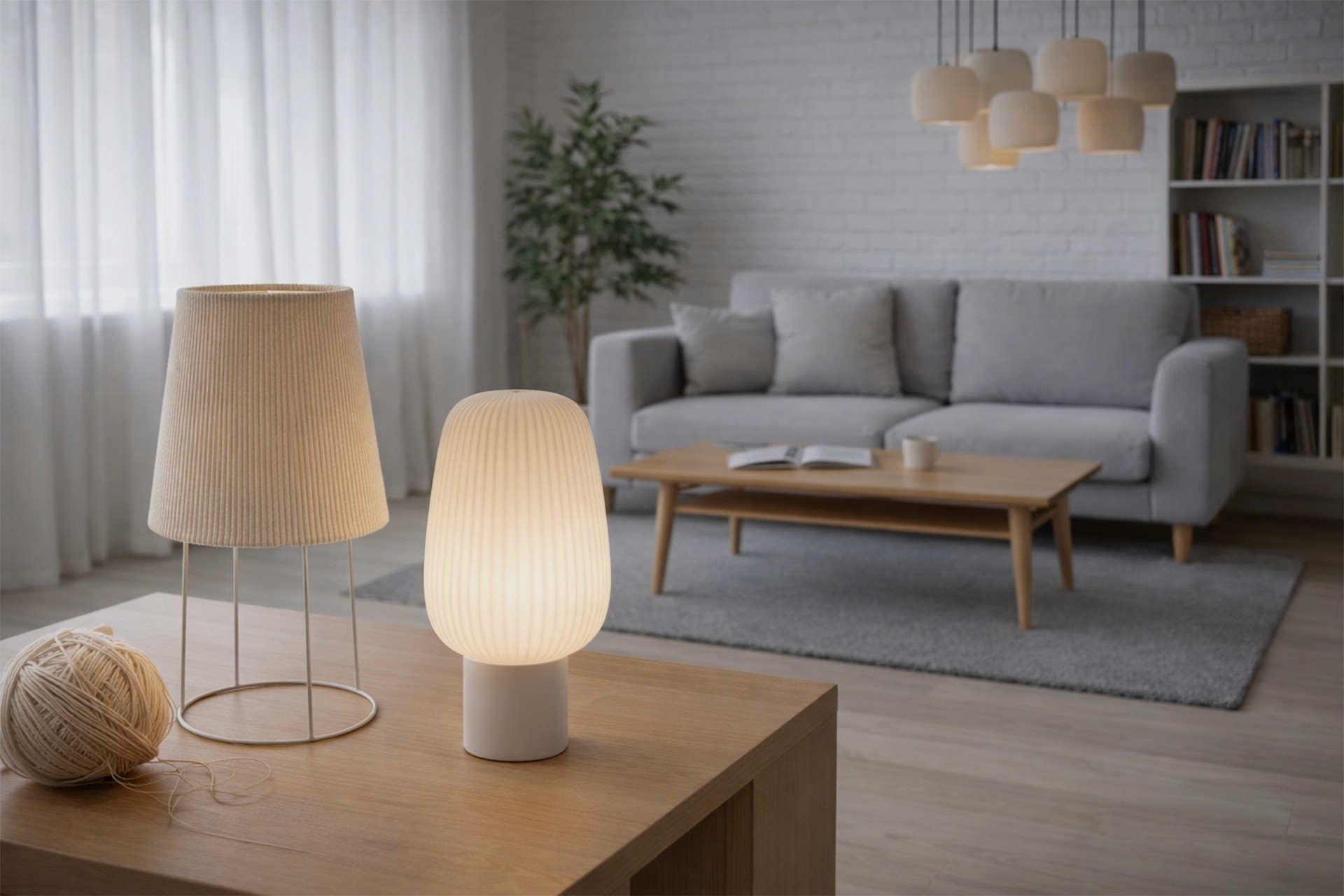 Two modern lamps with textured, off-white shades styled in a bright, minimalist living room.