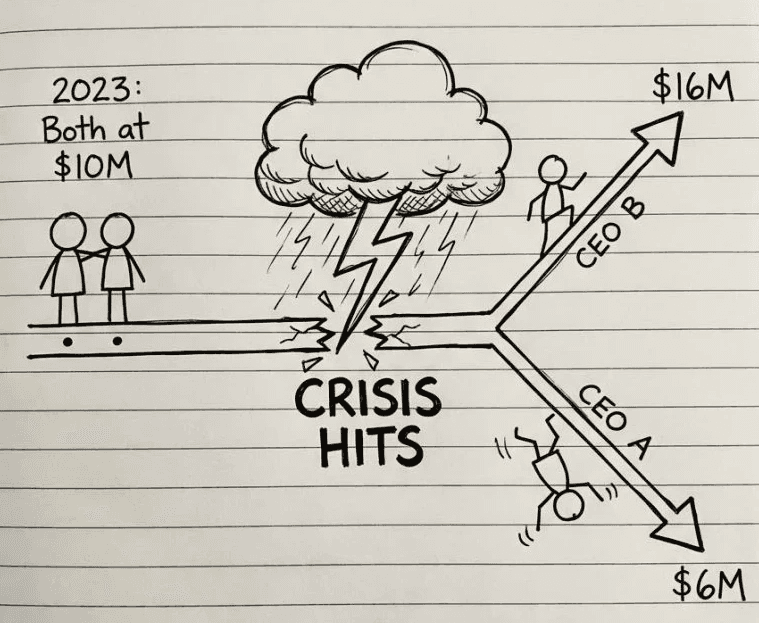 Two CEOs. Both at $10M revenue face the same crisis. One grows the business to $16M. One drops to $6M. Same crisis. Different preparation. — Rajesh Nagjee, CEO Mentor & Coach