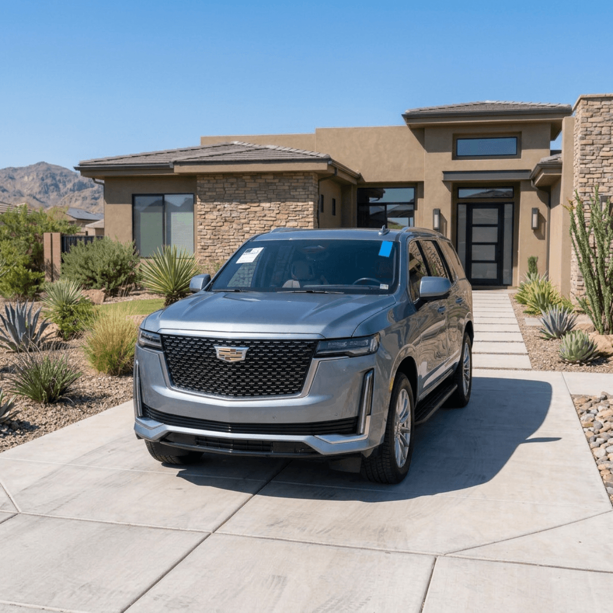 Light blue Chevrolet Traverse with freshly installed auto glass outside a desert-style home in Avondale, AZ