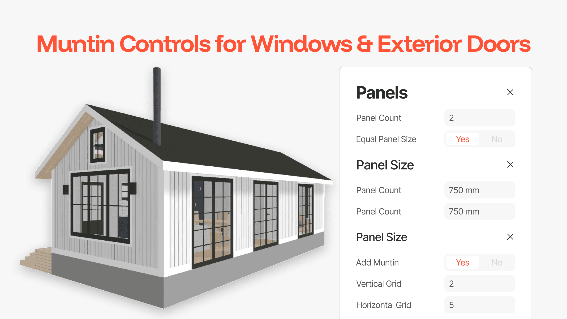 Preview of Farmhouse ADU from 3D Tiny House Designer showcasing the new Muntin controls for windows and doors.