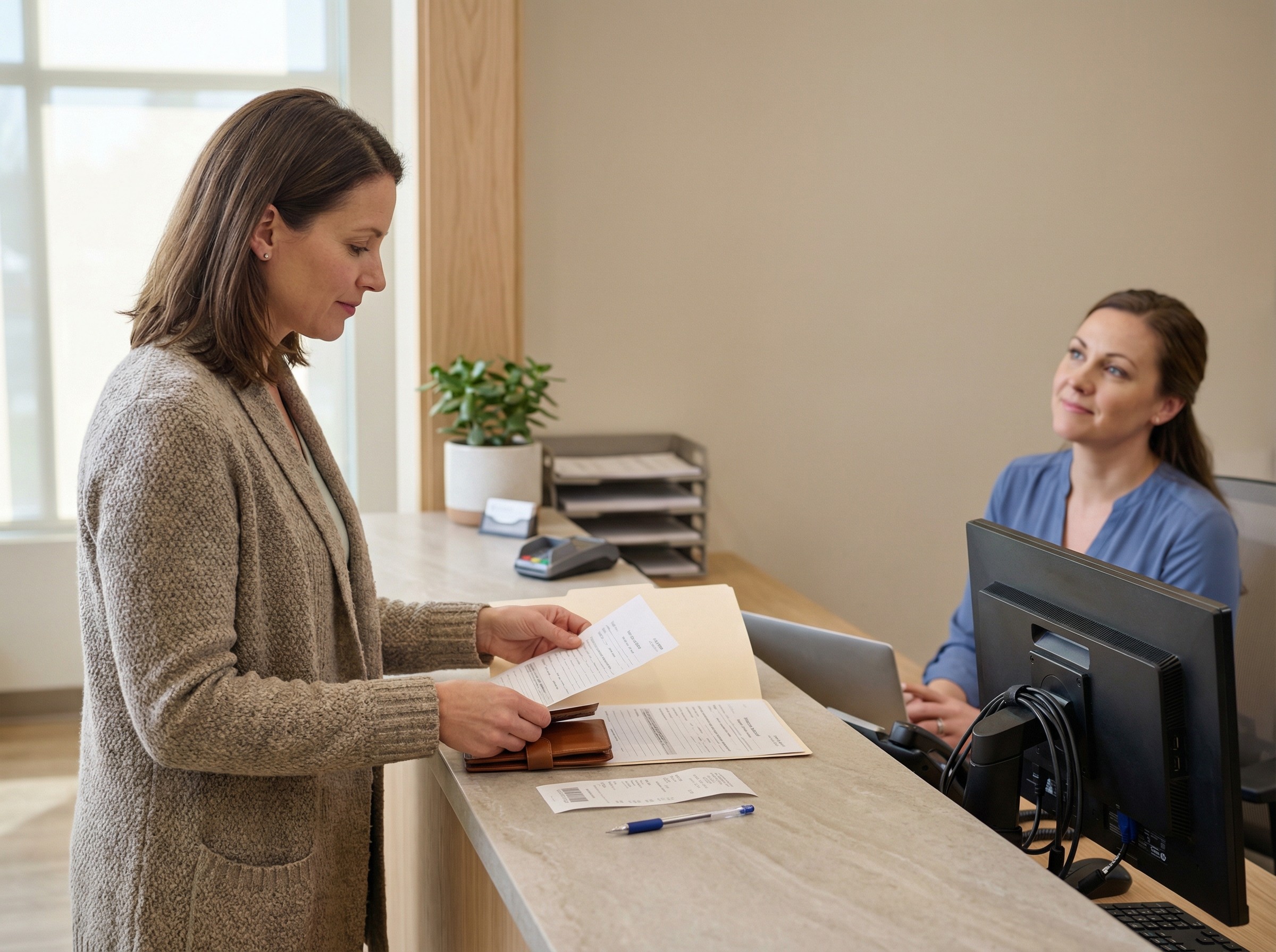 Eine Patientin legt eine unterschriebene Einverständniserklärung in eine Mappe und steckt ihre Karte zurück ins Portemonnaie. Auf dem Tresen liegt eine Quittung neben einem Kugelschreiber. Die Szene vermittelt Verbindlichkeit, Ordnung und Vertrauen.