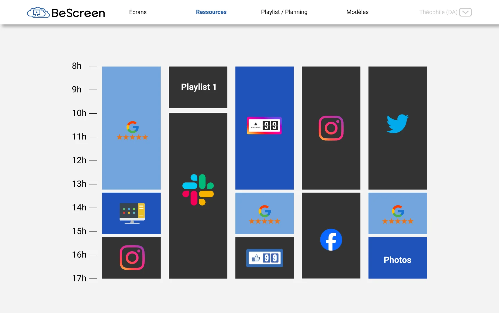 Interface BeScreen montrant un calendrier de programmation des contenus. Planification facile des diffusions sur plusieurs écrans avec horaires personnalisés.