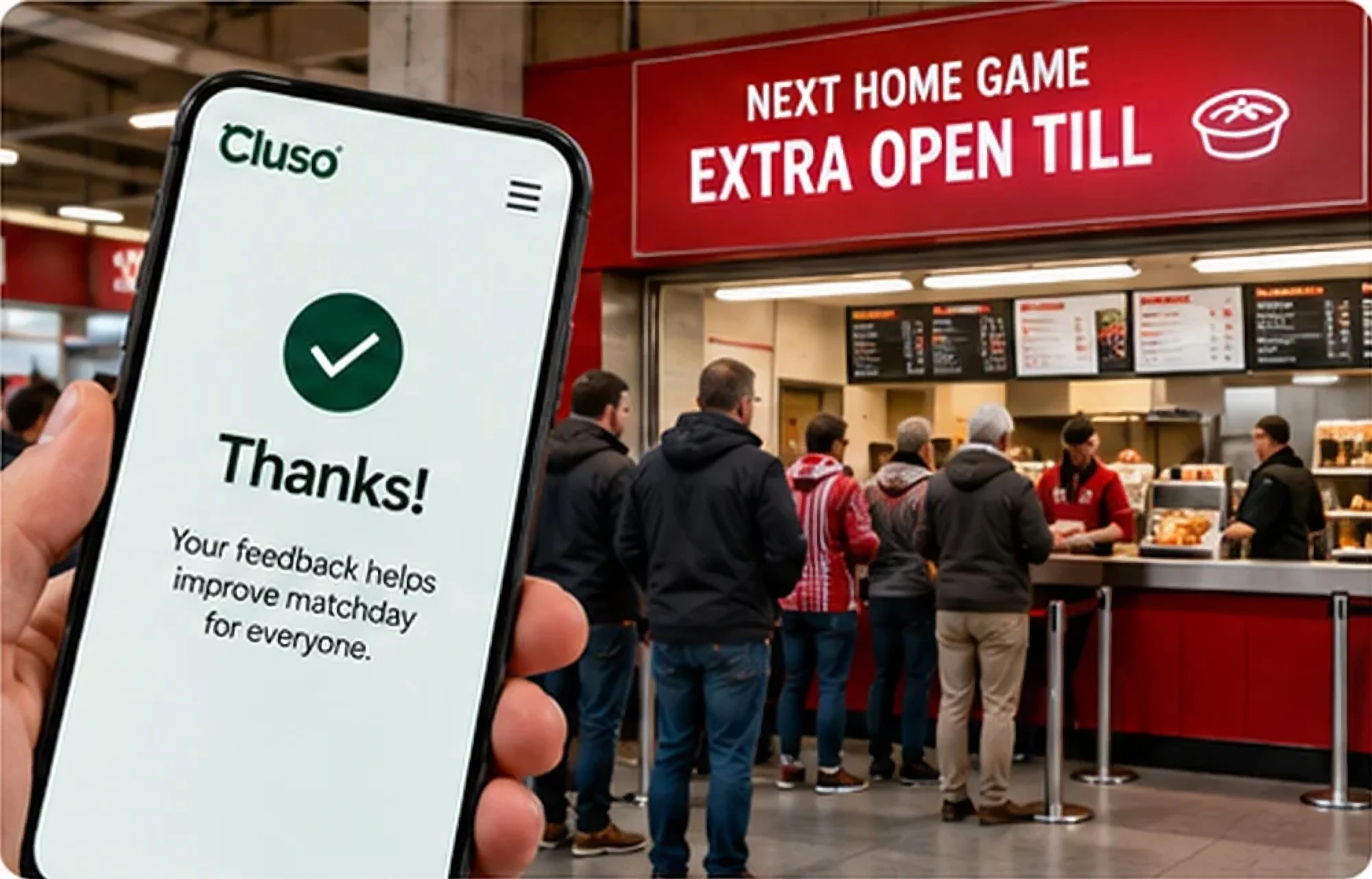 A thank-you screen, and at the next home game a sign reads "Extra open till".