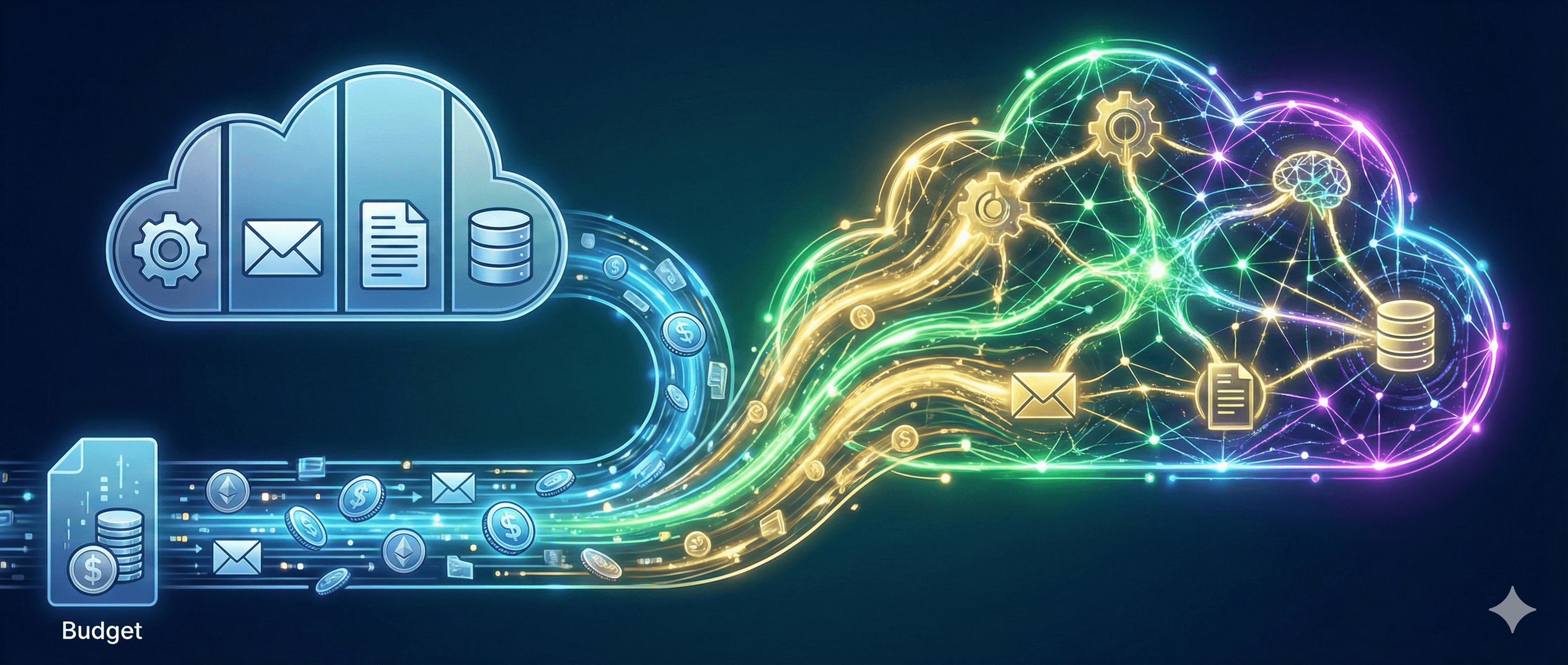 A digital illustration features two cloud icons connected by flowing data streams with symbols and gears, representing the evolution of cloud computing and software budgets, highlighting themes like "Will AI replace SaaS?" and "Why software budgets are shifting."