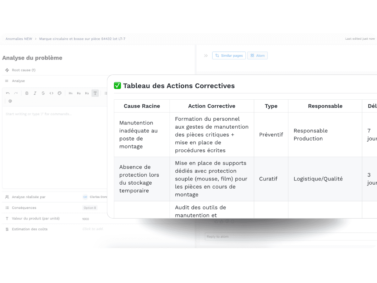 Actions correctives suggérées par l’IA dans l’interface Yxir.