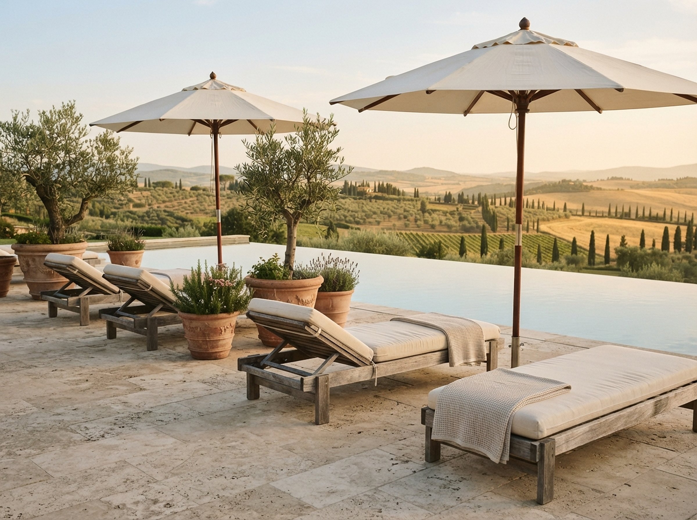 The pool terrace with sun loungers and parasols above the valley