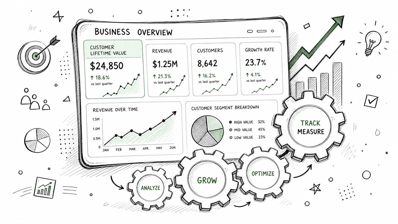 A sketched business dashboard showing customer lifetime value, revenue, and growth metrics with interlocking gear icons.