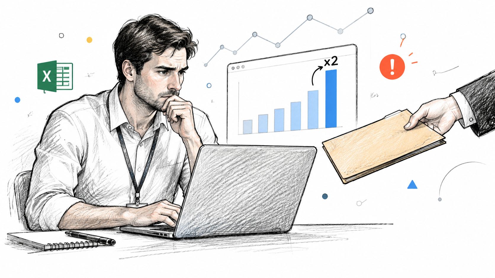 A professional man working on a laptop while receiving a folder, symbolizing data quality management and analytics.