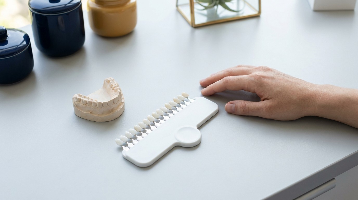 Tooth shade guide and teeth model used during a cosmetic consultation