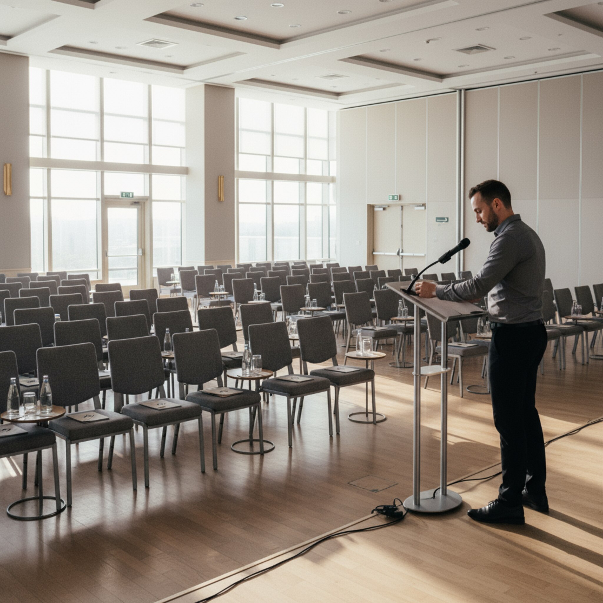 Ein großer Konferenzsaal im Hotel ist in Theaterbestuhlung vorbereitet. Morgensonne fällt durch hohe Fenster auf Wasserstationen und Notizblöcke. Ein Techniker richtet leise das Podiumsmikrofon aus. Mobile Trennwände stehen bereit, um den Saal später zu teilen oder zu kombinieren.