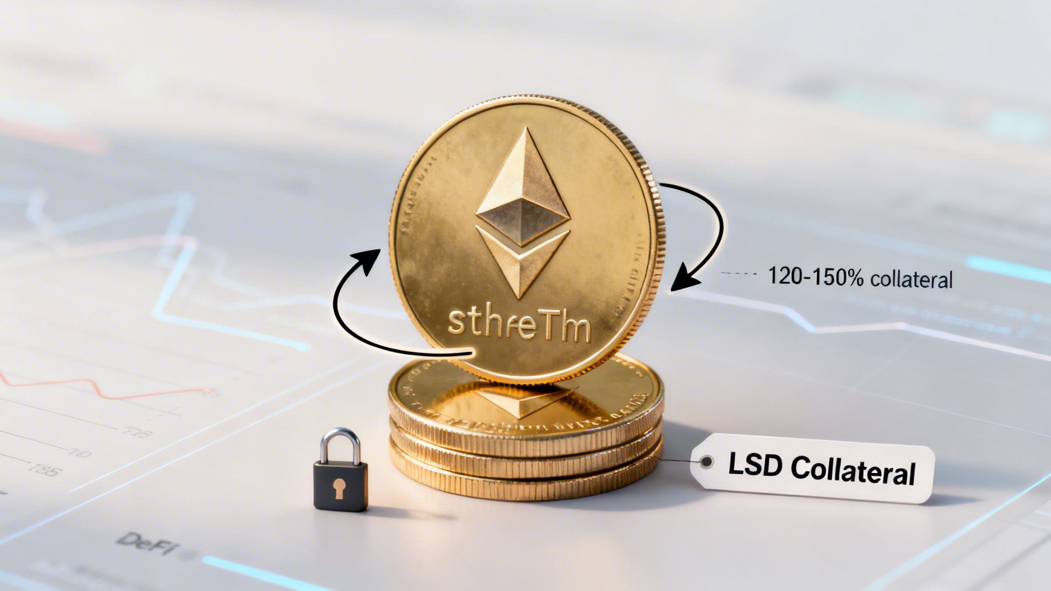 Gold Ethereum coins labeled 'sthrETm' and 'LSD Collateral' with a padlock and '120-150% collateral' text, illustrating DeFi strategies.