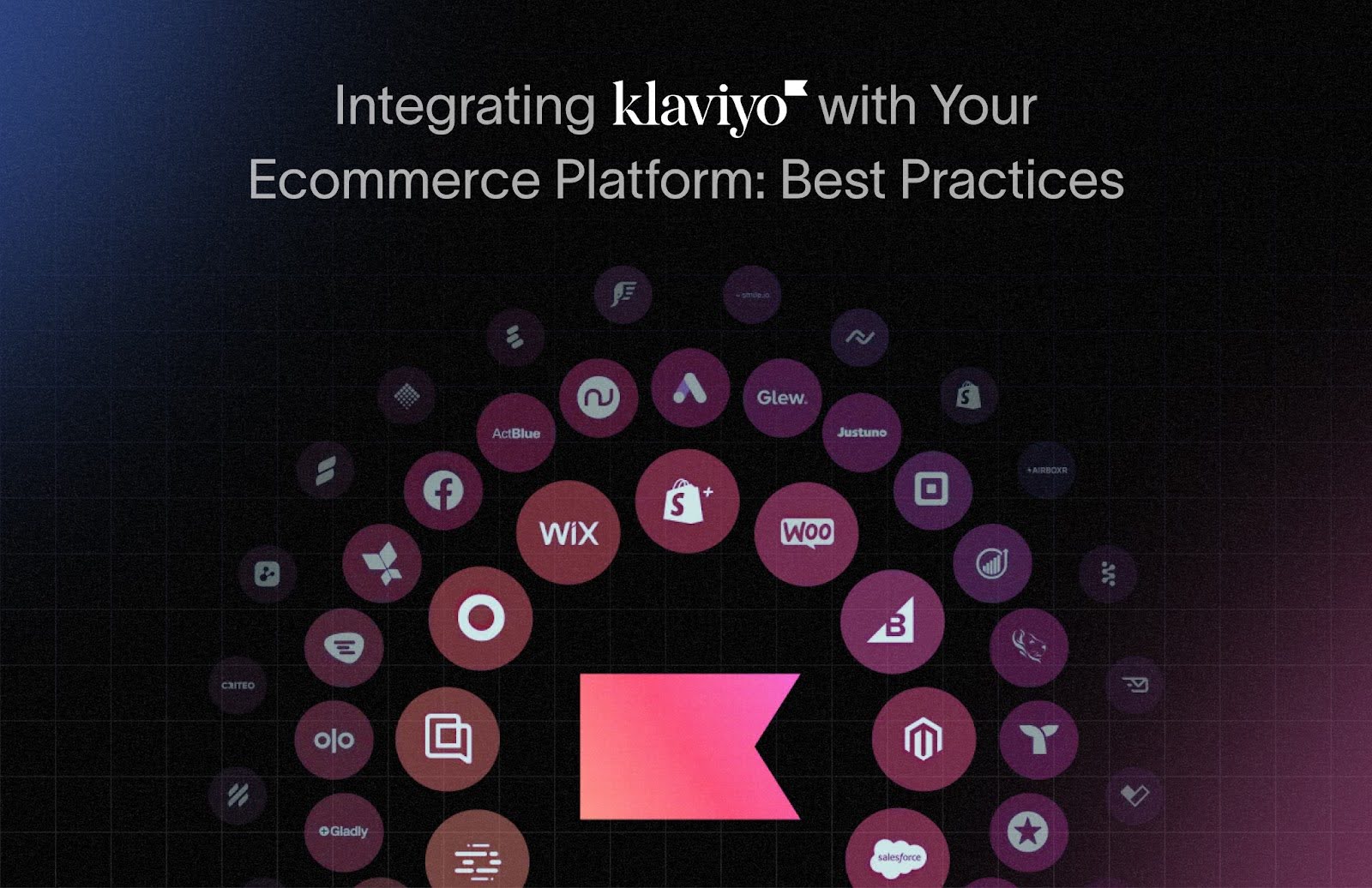 Titelbild Integrating Klaviyo with Your Ecommerce Platform mit der Klaviyo-Flagge zwischen Plattformlogos