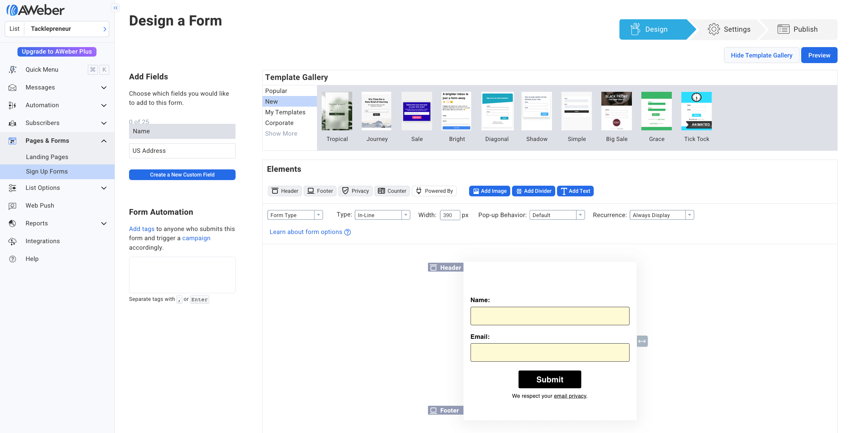 form design interface of AWeber.com