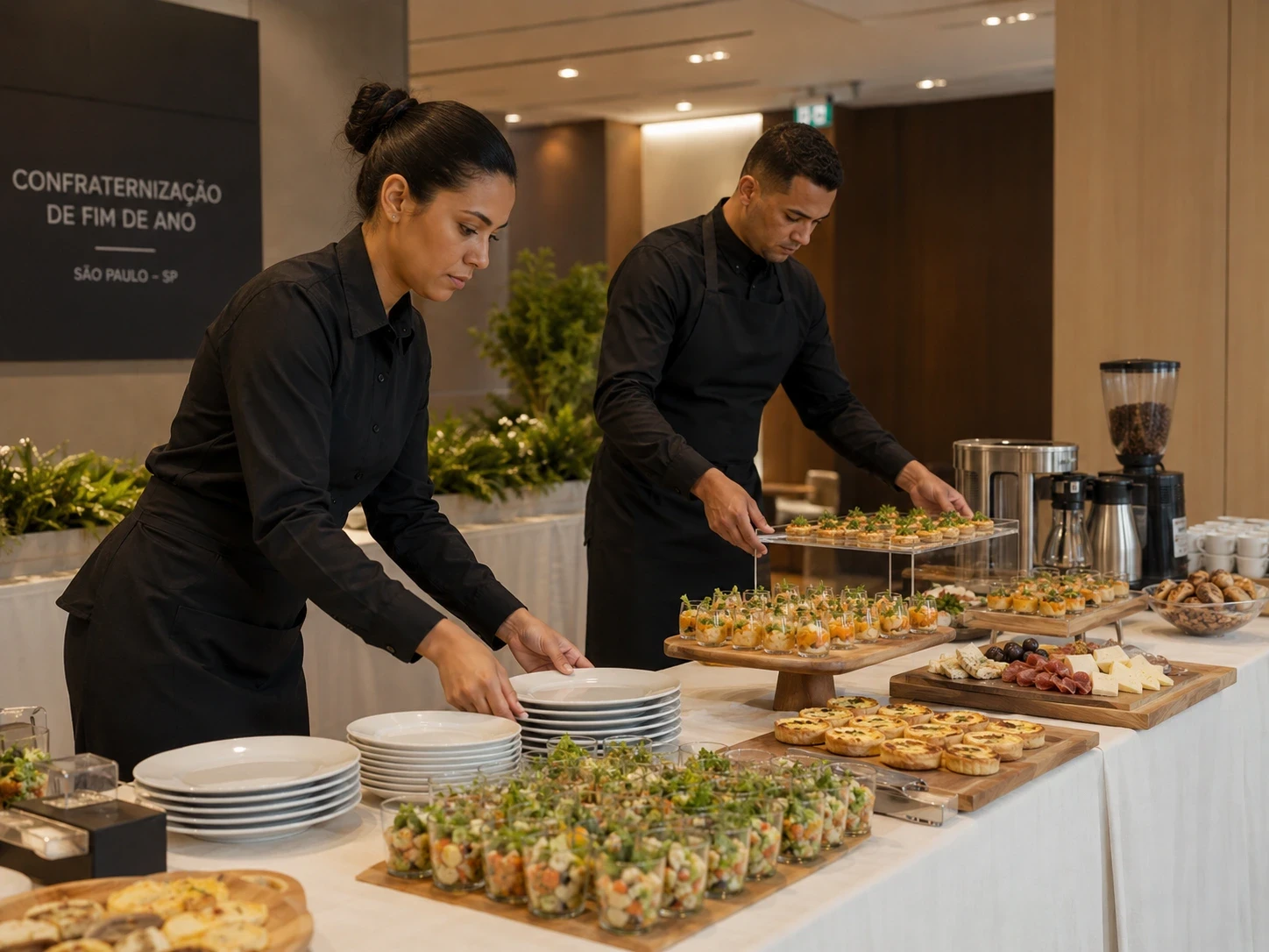 Equipe de catering corporativo montando estação de buffet para confraternização de empresa