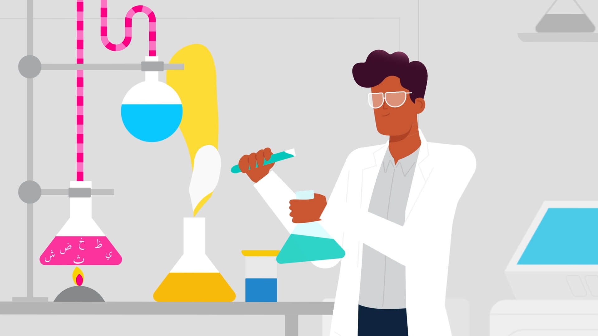 stylized and simplified portrait of a young man working in a lab with white overalls and safety glasses with some colourful liquids in the glass bottles
