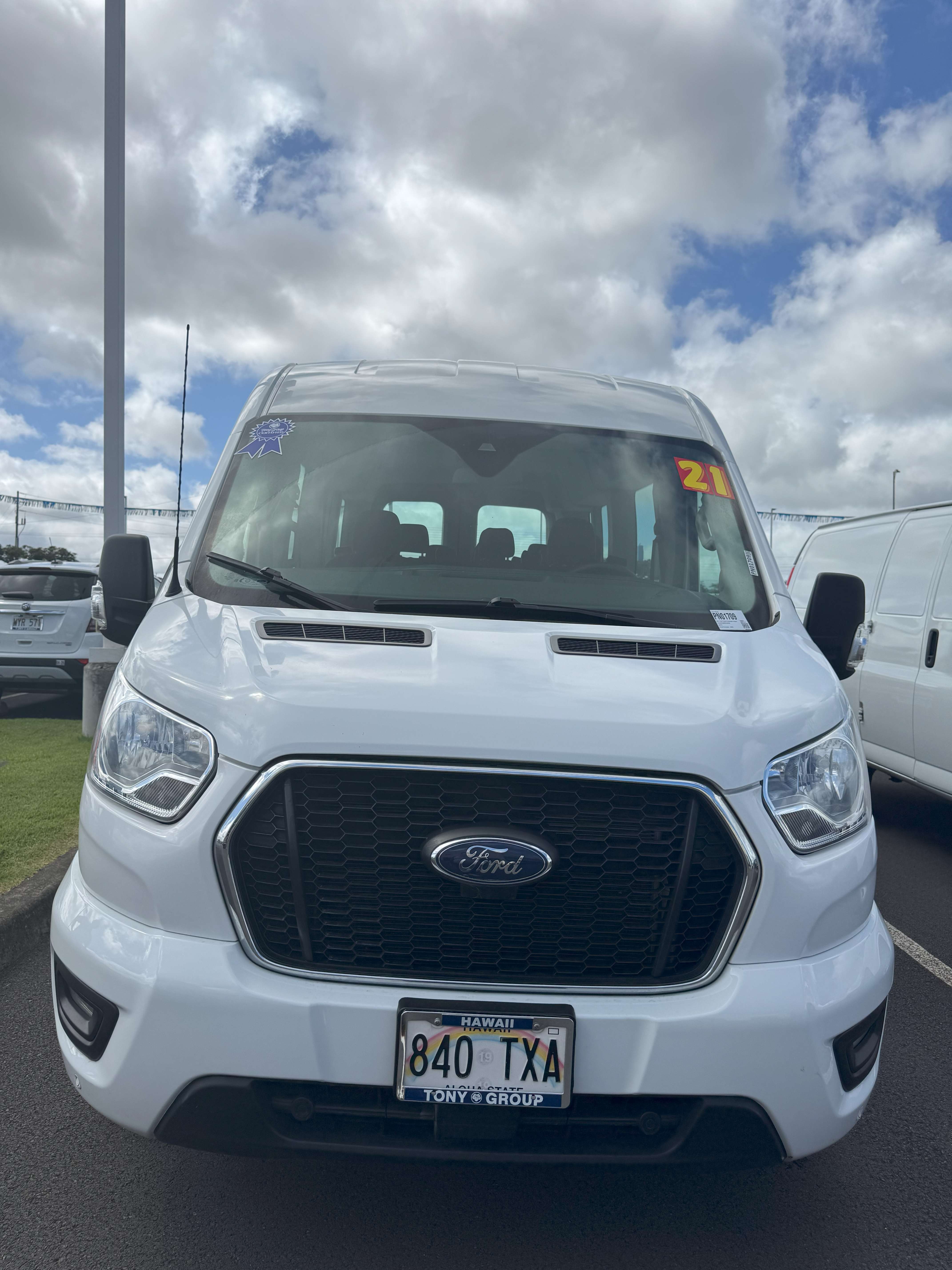 White Ford Transit XLT 15 Passenger Van Hawaii Big Island Sunset For Rent