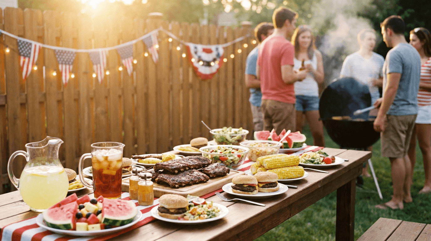 4th of July menu ideas spread on a festive backyard cookout table with burgers, sides, drinks, and desserts.