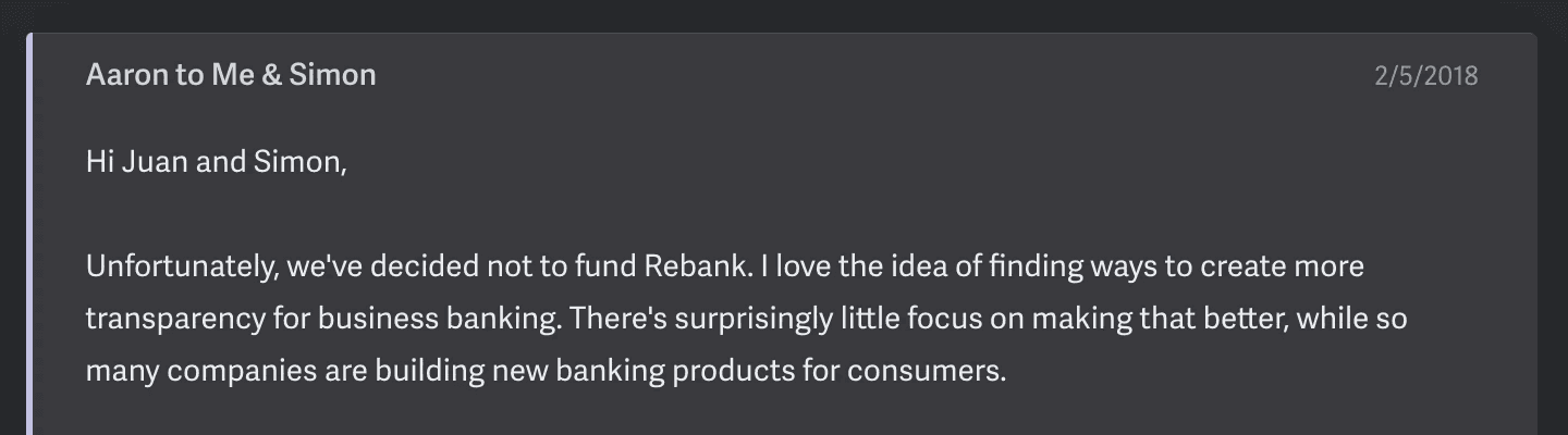 Screenshot of email from Y Combinator