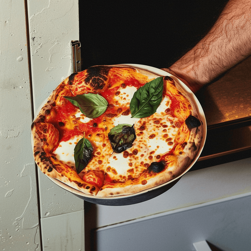 Freshly baked Margherita pizza with melted cheese, tomato sauce, and basil leaves, held by a person’s hand.