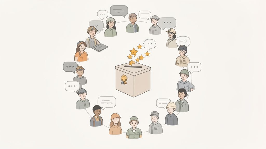 Diverse group of workers around a ballot box, representing feedback, collaboration, and collective decision-making.