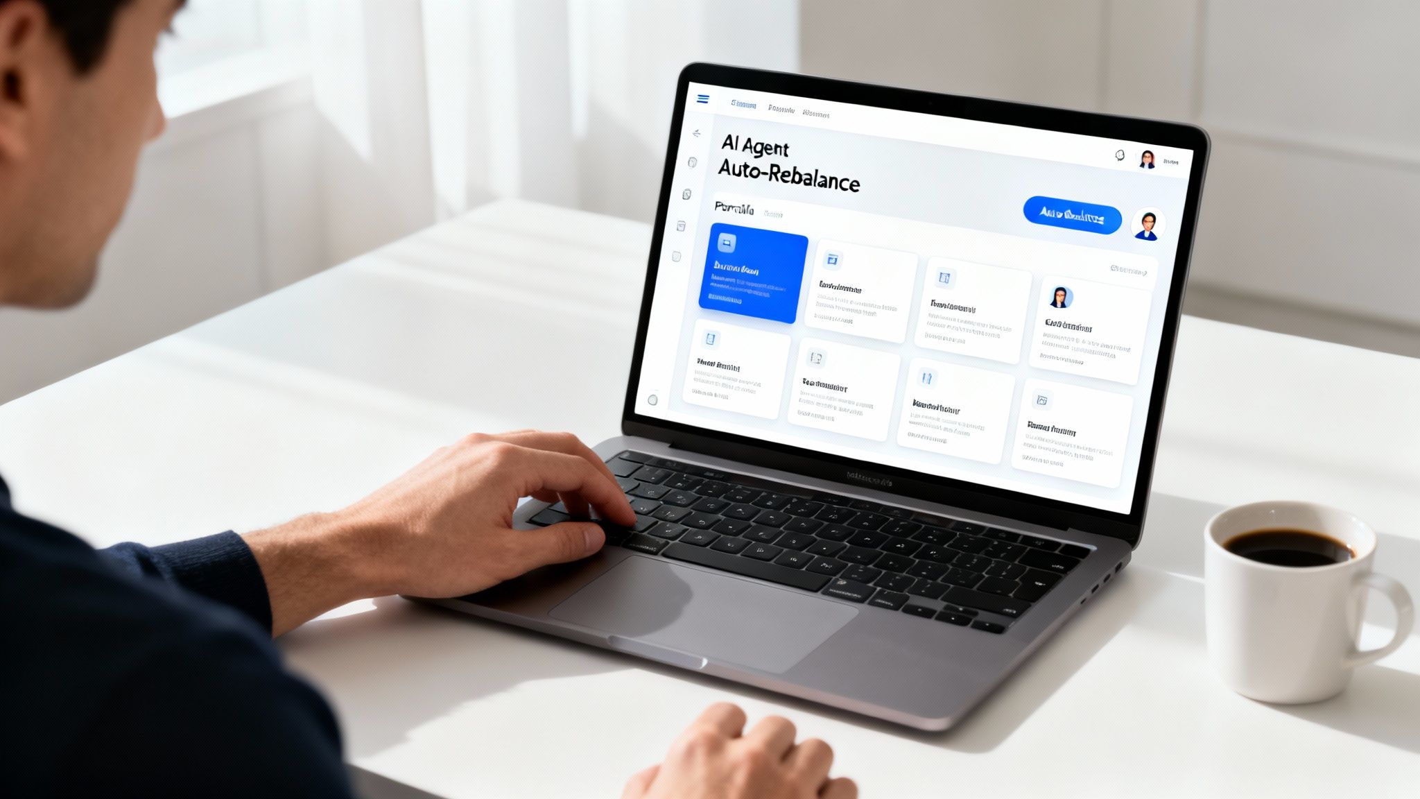 Man typing on a laptop displaying an 'AI Agent Auto-Rebalance' interface with various management cards.