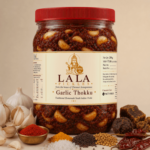 LALA Garlic Thokku in a 250 g jar