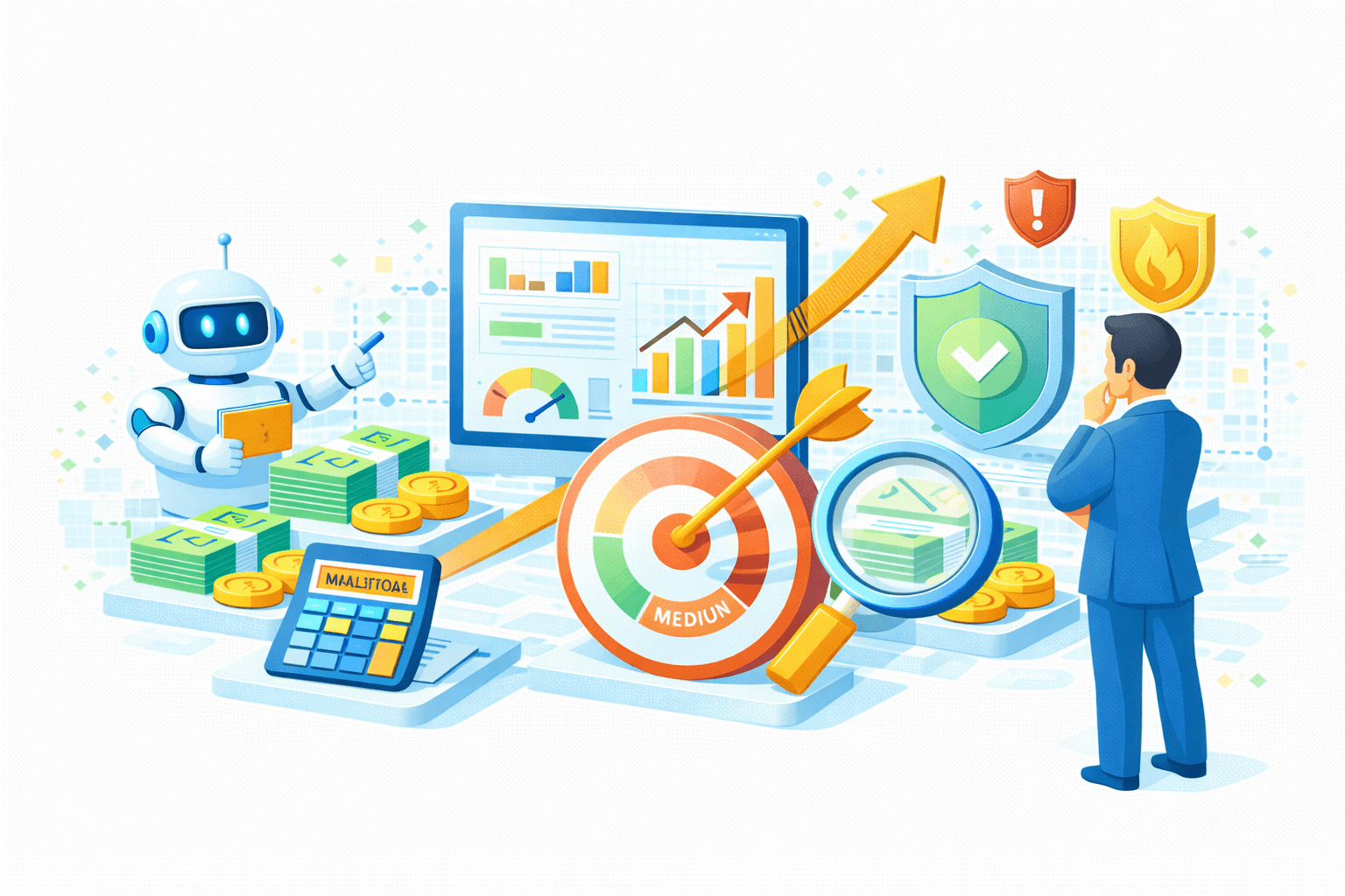 Ilustrasi AI‑driven risk management, performance analytics, dan secure decision‑making. Di tengah terdapat dashboard analitik pada layar besar yang menampilkan grafik batang, tren naik, dan risk/performance gauge. Di depan layar, target (bullseye) bertanda Medium dengan panah tepat sasaran merepresentasikan pencapaian target risiko/kinerja.  Di sisi kiri, AI/robot assistant menunjuk laporan sambil berdiri di dekat uang/koin dan kalkulator, melambangkan analisis finansial berbasis AI. Di sisi kanan, seorang pengambil keputusan mengamati hasil dengan kaca pembesar, didampingi perisai hijau bertanda centang (kepatuhan/keamanan) serta ikon peringatan dan api (risiko yang dimitigasi). Panah besar ke atas menandakan pertumbuhan kinerja yang aman, terukur, dan patuh regulasi.