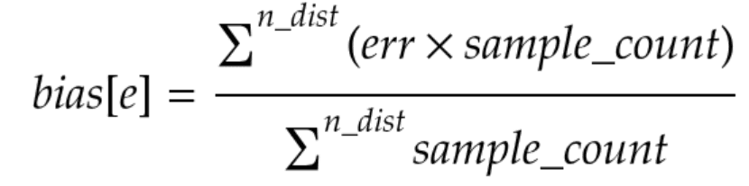 Calibration bias formula: sample-count-weighted average of the signed error across all distance points
