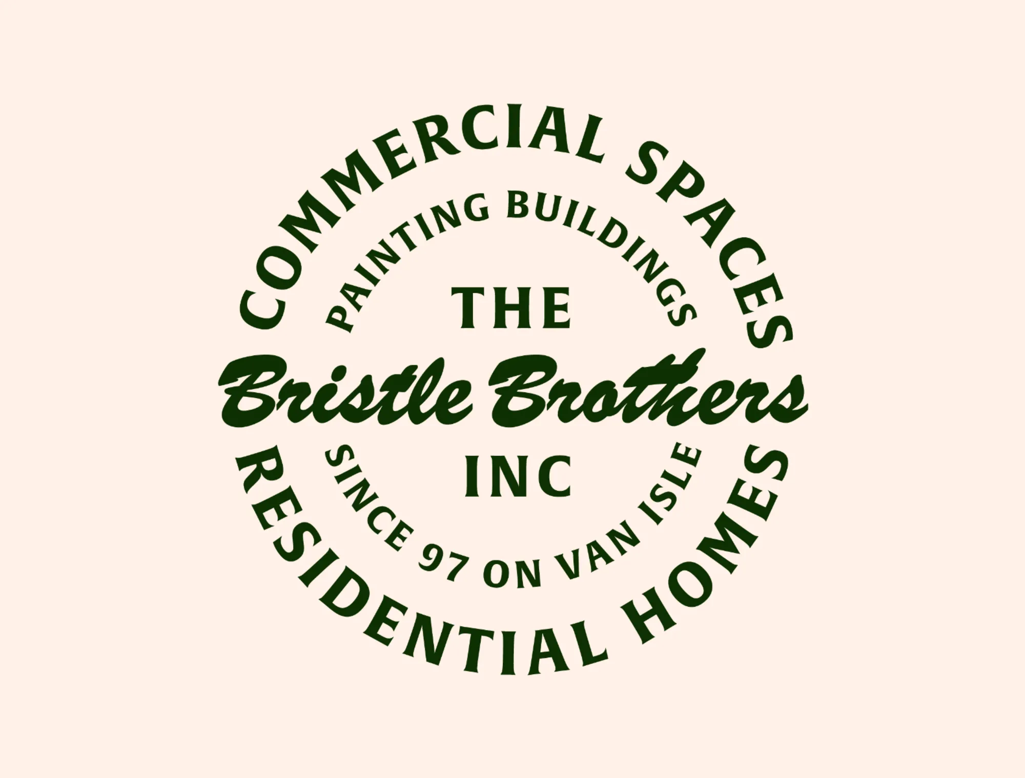 A typographic badge design that says "The Bristle Brothers Inc." in the middle. It has an outer ring of text that says "commercial spaces residential homes" and an inner circle that says "painting buildings since '97 on Van Isle"