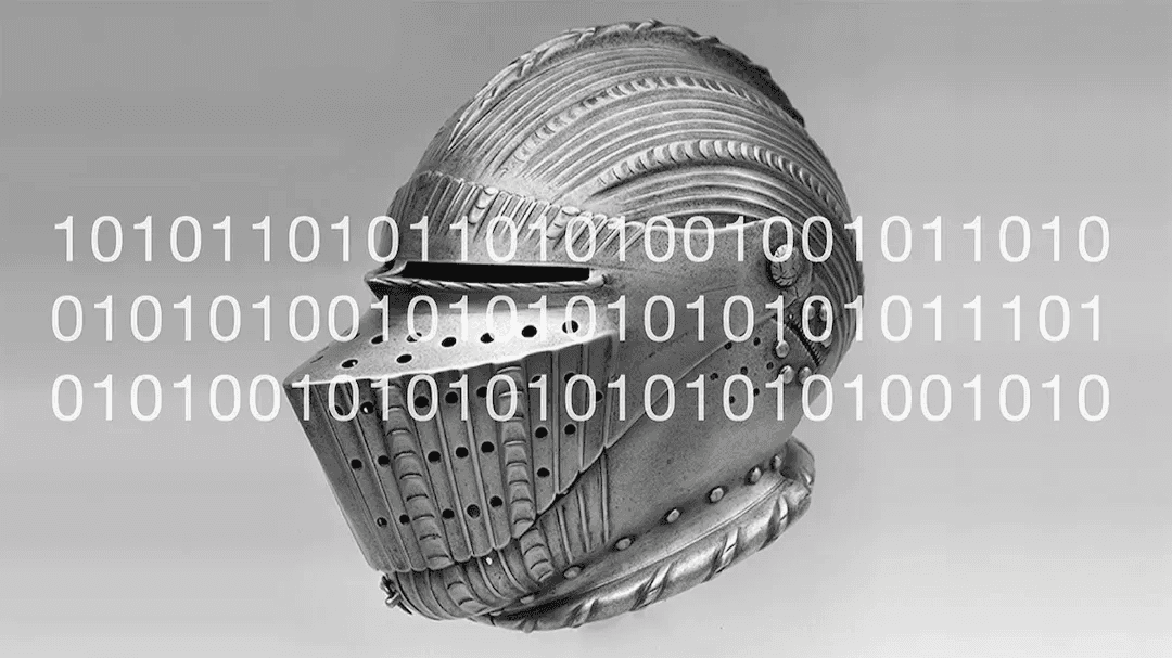 A medieval knight’s helmet is overlaid with binary code, symbolizing cybersecurity and digital protection.