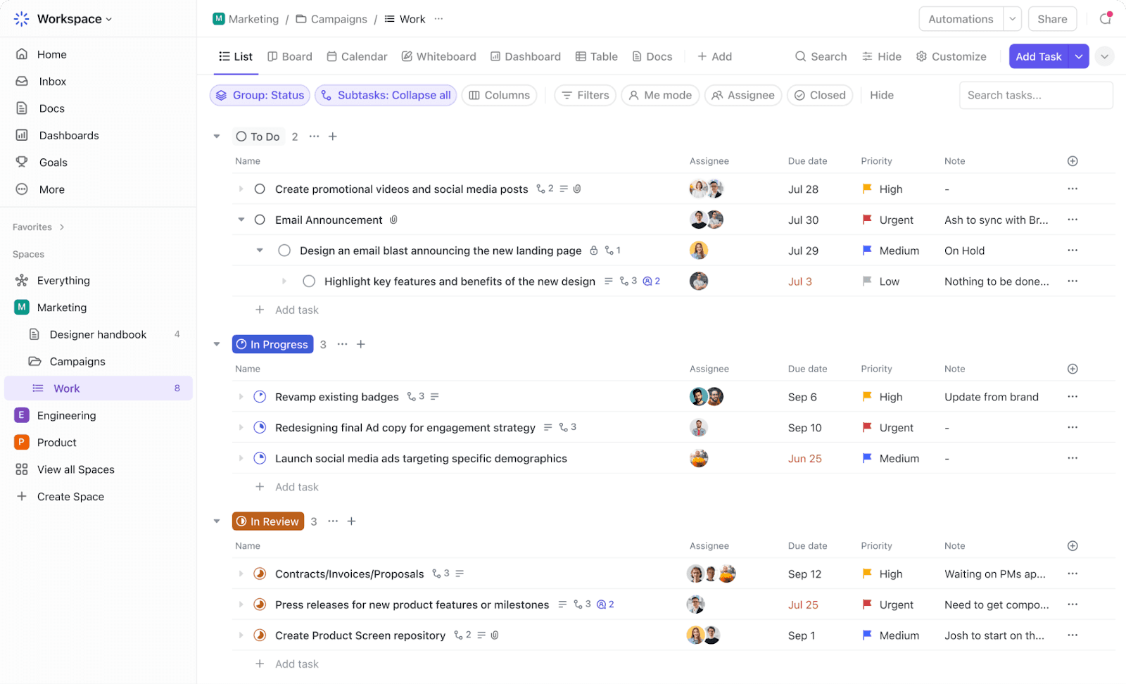 ClickUp's task management list view