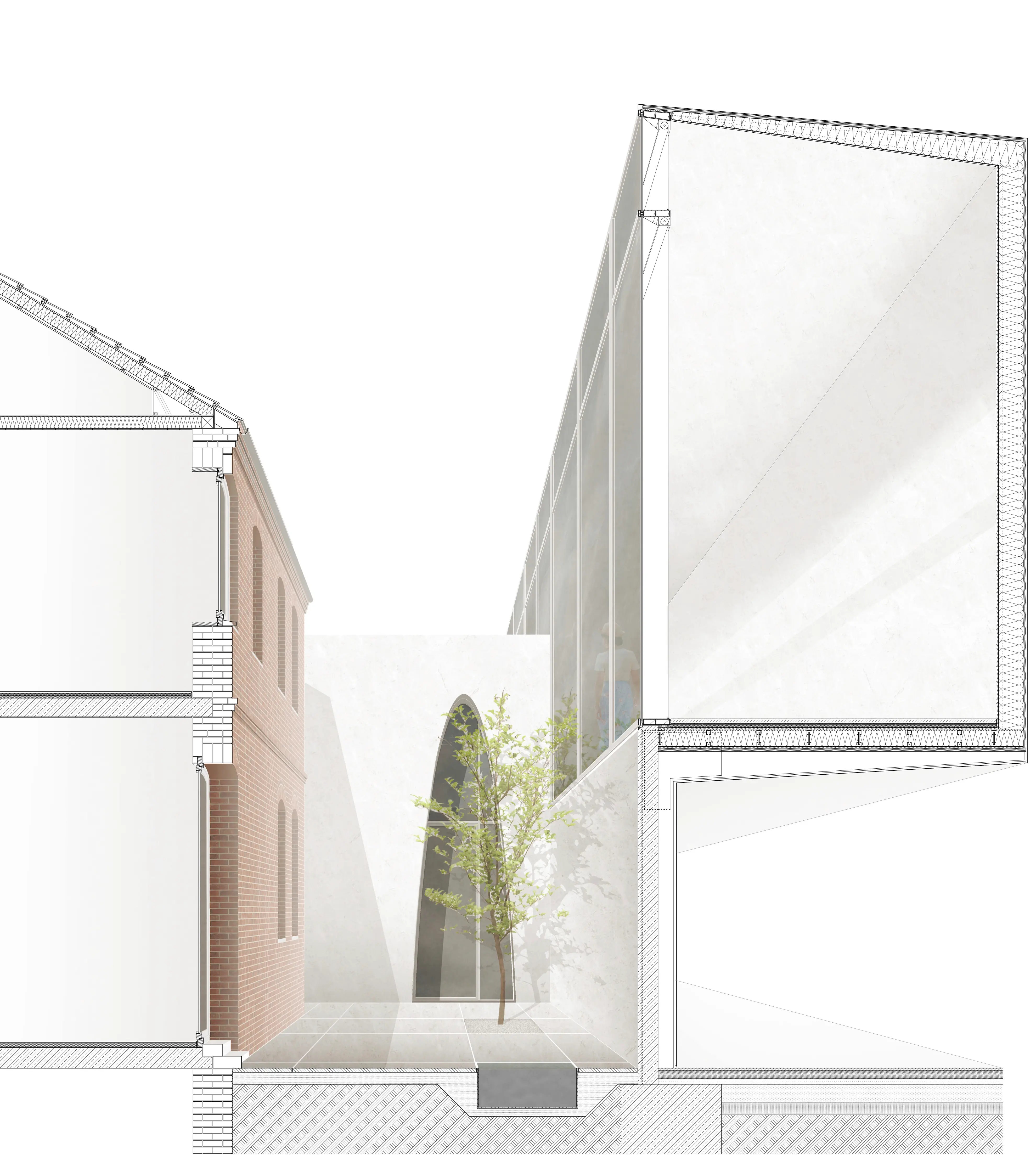 Axonometrische Darstellung Vertiefungsbereich Wohnhaus, Hof und Riegel im Projekt Tankstelle Kyritz