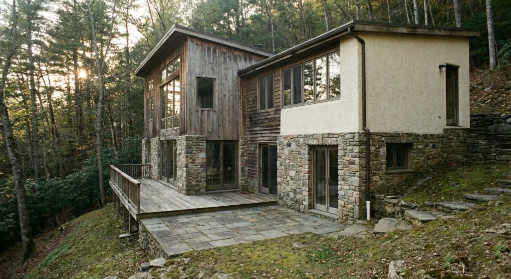 Photorealistic residential architecture integrated into its natural site, sloped terrain, open and private spaces, soft natural dayligh
